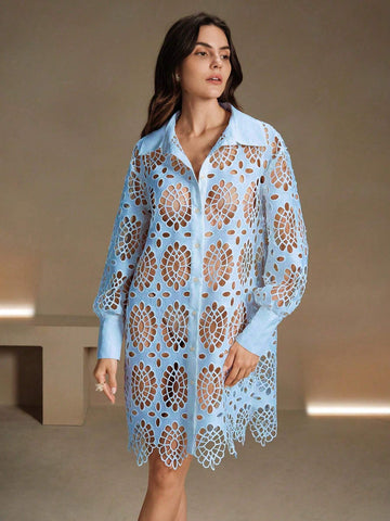 Anewsta Collared Long Sleeve Casual Vacation Shirt Dress