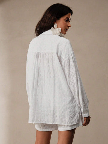 Anewsta Comfortable Cotton Blended Jacquard Hollow Out Texture Women's Shirt And Shorts Set