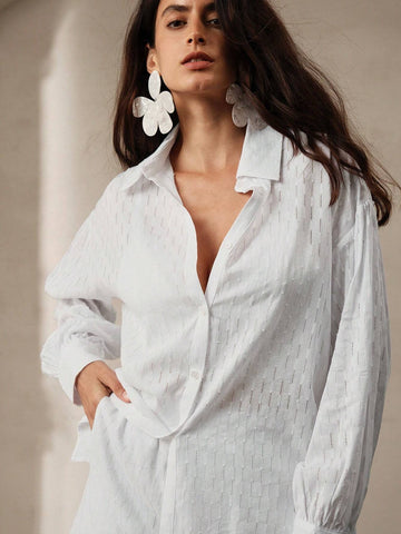 Anewsta Comfortable Cotton Blended Jacquard Hollow Out Texture Women's Shirt And Shorts Set