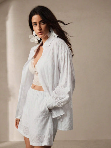 Anewsta Comfortable Cotton Blended Jacquard Hollow Out Texture Women's Shirt And Shorts Set