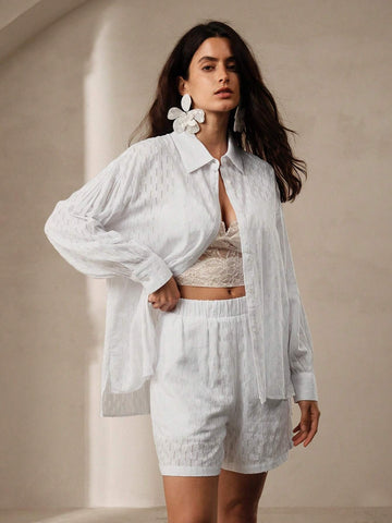Anewsta Comfortable Cotton Blended Jacquard Hollow Out Texture Women's Shirt And Shorts Set
