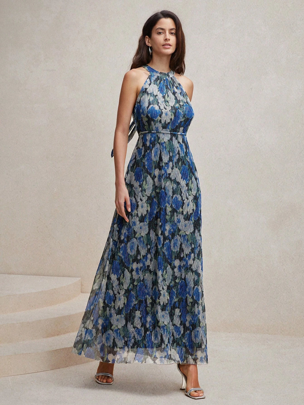 Anewsta Crinkled Blue Floral Print Halter Neck Maxi Dress