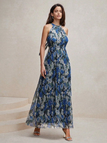 Anewsta Crinkled Blue Floral Print Halter Neck Maxi Dress