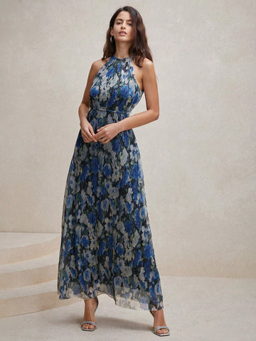 Anewsta Crinkled Blue Floral Print Halter Neck Maxi Dress
