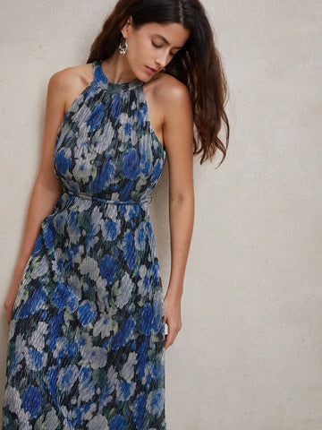 Anewsta Crinkled Blue Floral Print Halter Neck Maxi Dress
