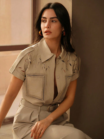 Hollow Embroidered Lace Patchwork Casual Vacation Shirt