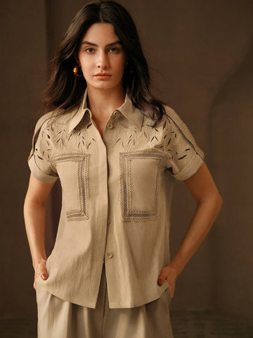 Hollow Embroidered Lace Patchwork Casual Vacation Shirt
