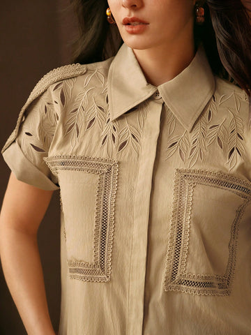 Hollow Embroidered Lace Patchwork Casual Vacation Shirt