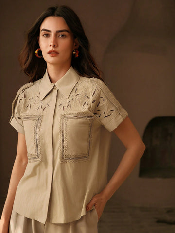 Hollow Embroidered Lace Patchwork Casual Vacation Shirt