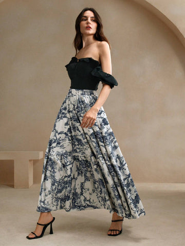 Anewsta Elegant A-Line Long Tree Print Skirt For Women