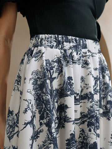 Anewsta Elegant A-Line Long Tree Print Skirt For Women