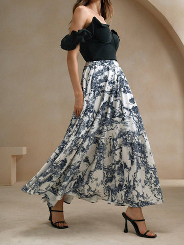 Anewsta Elegant A-Line Long Tree Print Skirt For Women