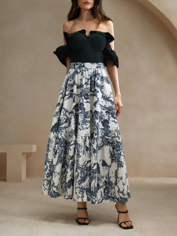 Anewsta Elegant A-Line Long Tree Print Skirt For Women