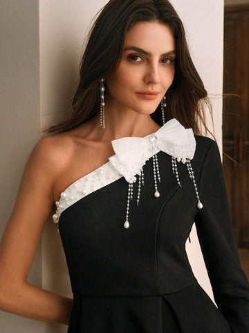 Anewsta Elegant Asymmetric Shoulder Contrast Color Butterfly Tie Pearl Embellished Dress
