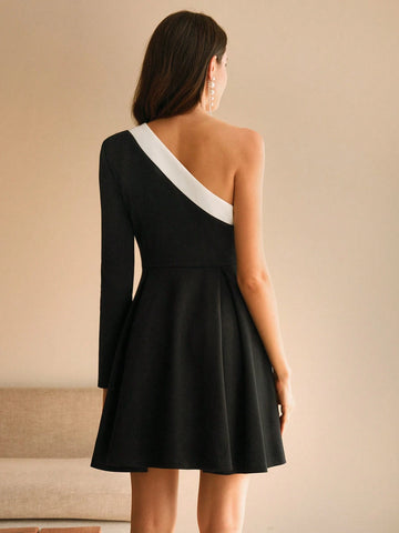 Anewsta Elegant Asymmetric Shoulder Contrast Color Butterfly Tie Pearl Embellished Dress