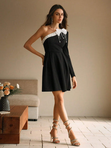 Anewsta Elegant Asymmetric Shoulder Contrast Color Butterfly Tie Pearl Embellished Dress