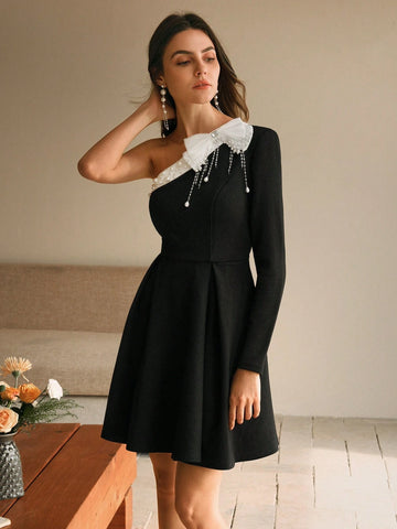 Anewsta Elegant Asymmetric Shoulder Contrast Color Butterfly Tie Pearl Embellished Dress