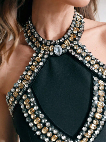 Anewsta Elegant Bodycon Slimming Luxury Embellished Black Bandage Dress For Women