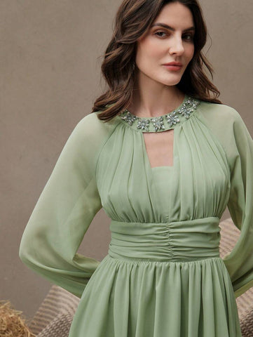 Anewsta Elegant Chiffon Geometric Pattern Long Sleeve Dress, Suitable For Urban Wear