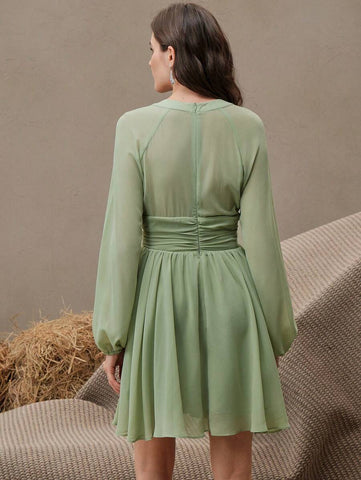 Anewsta Elegant Chiffon Geometric Pattern Long Sleeve Dress, Suitable For Urban Wear