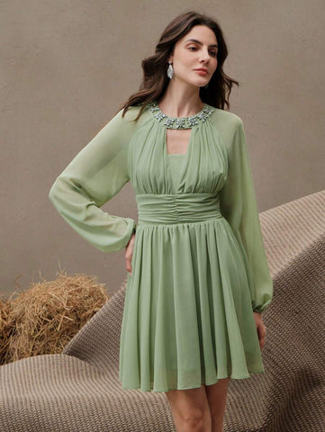 Anewsta Elegant Chiffon Geometric Pattern Long Sleeve Dress, Suitable For Urban Wear