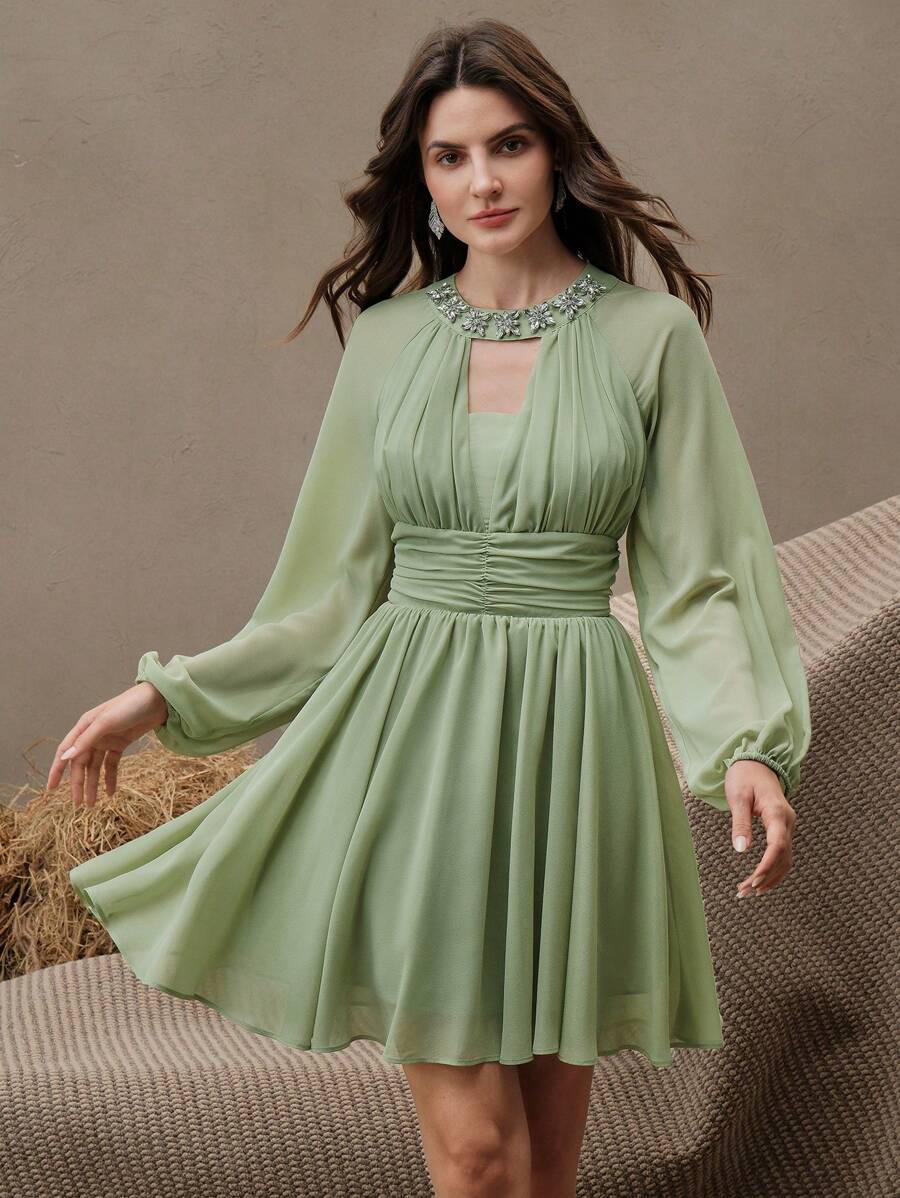 Anewsta Elegant Chiffon Geometric Pattern Long Sleeve Dress, Suitable For Urban Wear