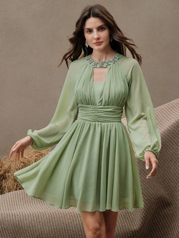 Anewsta Elegant Chiffon Geometric Pattern Long Sleeve Dress, Suitable For Urban Wear
