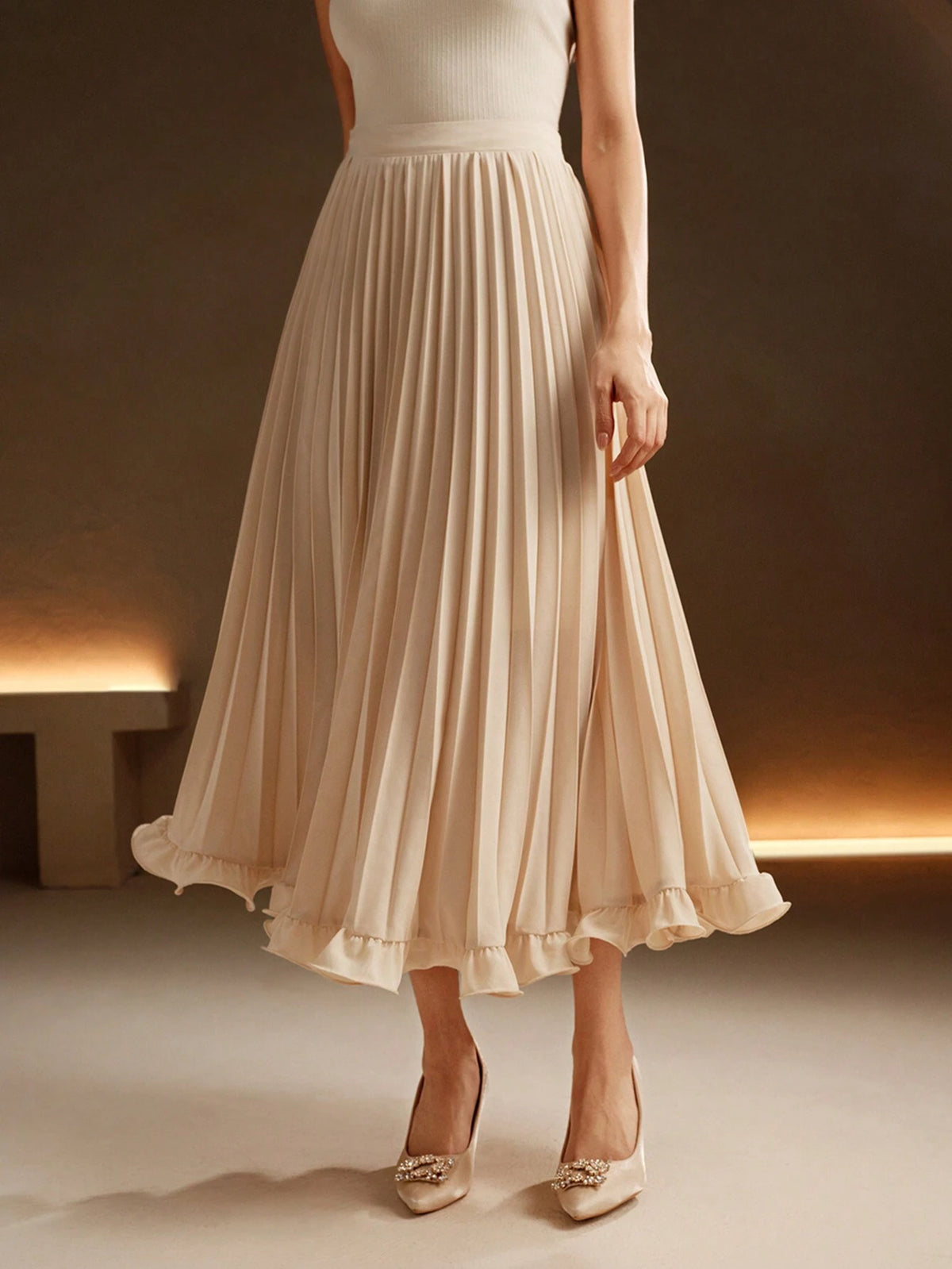 Anewsta Elegant Commuting Apricot Color Pleated Woven Ruffle Hem Long Skirt For Women Maxi Women Outfit