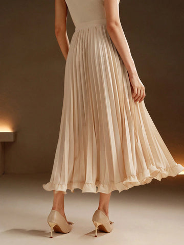 Anewsta Elegant Commuting Apricot Color Pleated Woven Ruffle Hem Long Skirt For Women Maxi Women Outfit