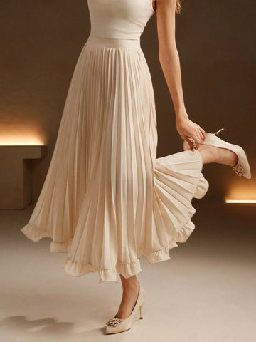 Anewsta Elegant Commuting Apricot Color Pleated Woven Ruffle Hem Long Skirt For Women Maxi Women Outfit