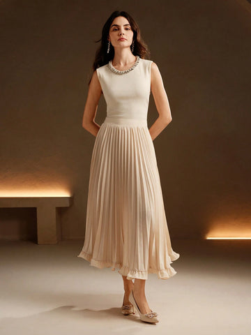Anewsta Elegant Commuting Apricot Color Pleated Woven Ruffle Hem Long Skirt For Women Maxi Women Outfit