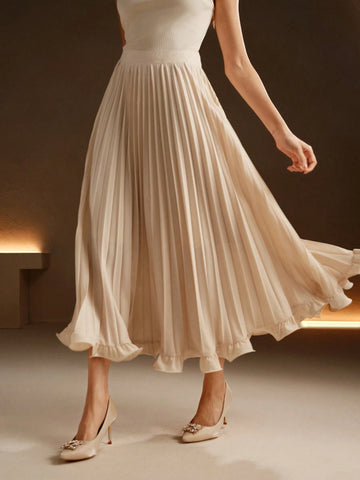 Anewsta Elegant Commuting Apricot Color Pleated Woven Ruffle Hem Long Skirt For Women Maxi Women Outfit