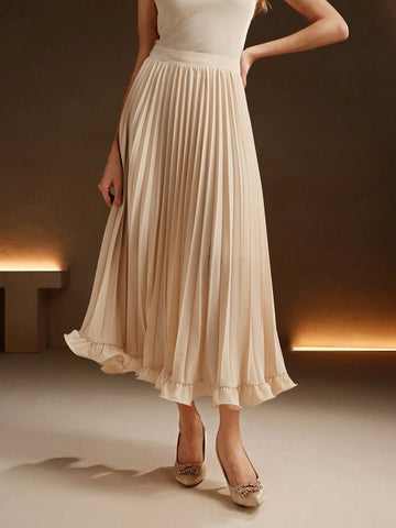 Anewsta Elegant Commuting Apricot Color Pleated Woven Ruffle Hem Long Skirt For Women Maxi Women Outfit