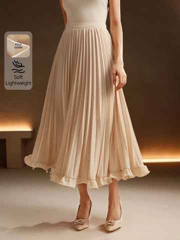 Anewsta Elegant Commuting Apricot Color Pleated Woven Ruffle Hem Long Skirt For Women Maxi Women Outfit