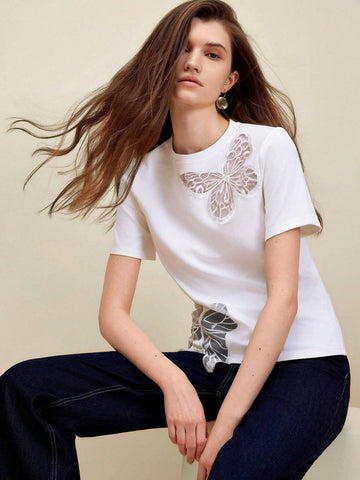 Anewsta Elegant Daily Wear Asymmetrical Butterfly Cutout Embroidery Design White Slim Fit Women's T-Shirt