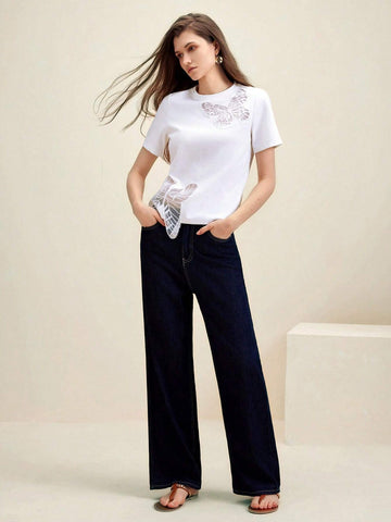 Anewsta Elegant Daily Wear Asymmetrical Butterfly Cutout Embroidery Design White Slim Fit Women's T-Shirt