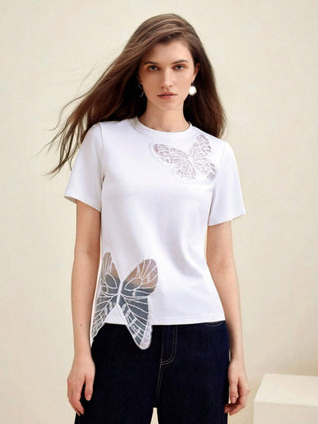 Anewsta Elegant Daily Wear Asymmetrical Butterfly Cutout Embroidery Design White Slim Fit Women's T-Shirt