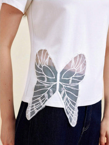 Anewsta Elegant Daily Wear Asymmetrical Butterfly Cutout Embroidery Design White Slim Fit Women's T-Shirt