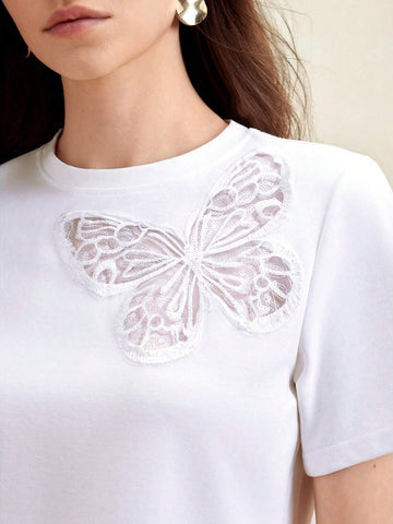 Anewsta Elegant Daily Wear Asymmetrical Butterfly Cutout Embroidery Design White Slim Fit Women's T-Shirt