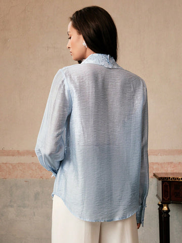 Anewsta Elegant Floral Lace Trim Spring/Summer Thin Sheer Long Sleeve Women's Blouse,