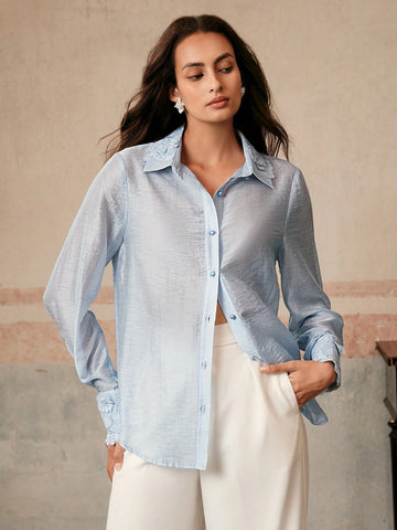 Anewsta Elegant Floral Lace Trim Spring/Summer Thin Sheer Long Sleeve Women's Blouse,