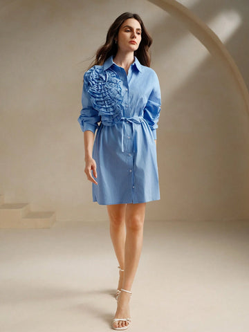 Anewsta Elegant French Style Loose Unique Pleated Floral Long Sleeve Shirt Dress