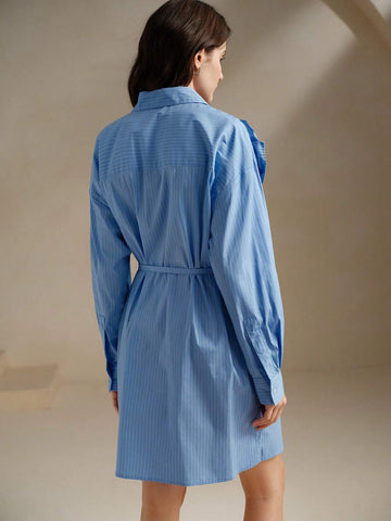 Anewsta Elegant French Style Loose Unique Pleated Floral Long Sleeve Shirt Dress