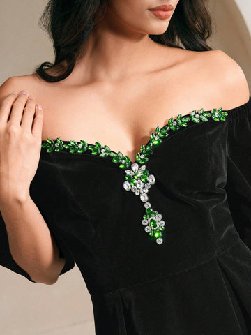Anewsta Elegant Gem-Embellished Off Shoulder Flare Dress For Fall
