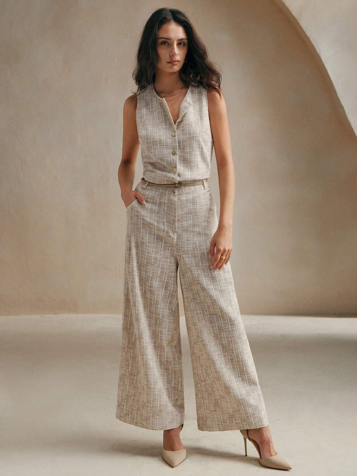 Anewsta Elegant Ladies' Jumpsuit With Single Row Metal Buckle Decoration And Braided Waistband