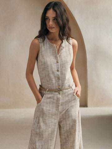 Anewsta Elegant Ladies' Jumpsuit With Single Row Metal Buckle Decoration And Braided Waistband