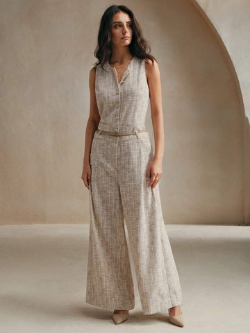 Anewsta Elegant Ladies' Jumpsuit With Single Row Metal Buckle Decoration And Braided Waistband