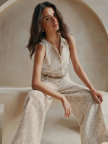 Anewsta Elegant Ladies' Jumpsuit With Single Row Metal Buckle Decoration And Braided Waistband