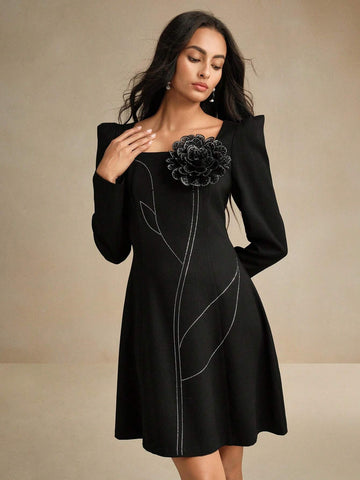 Anewsta Elegant Long Sleeve Dress With Floral Printed Square Neckline And Back Zipper