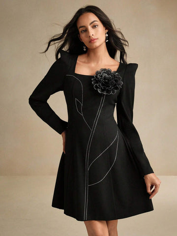 Anewsta Elegant Long Sleeve Dress With Floral Printed Square Neckline And Back Zipper